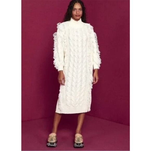 Farm Rio Dresses & Skirts - FARM RIO White Sweater Dress Cable Knit Long Sleeve High Neck Size M
